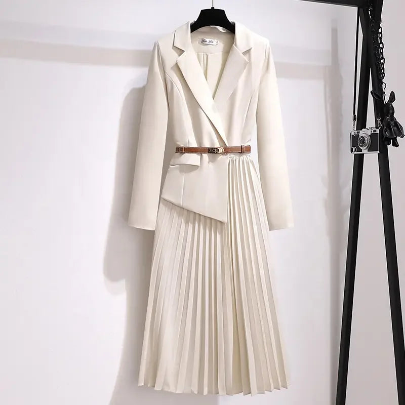 Elegant Blazer Dress V-Neck Slim Design Pleated Dress Ladies Office Dress