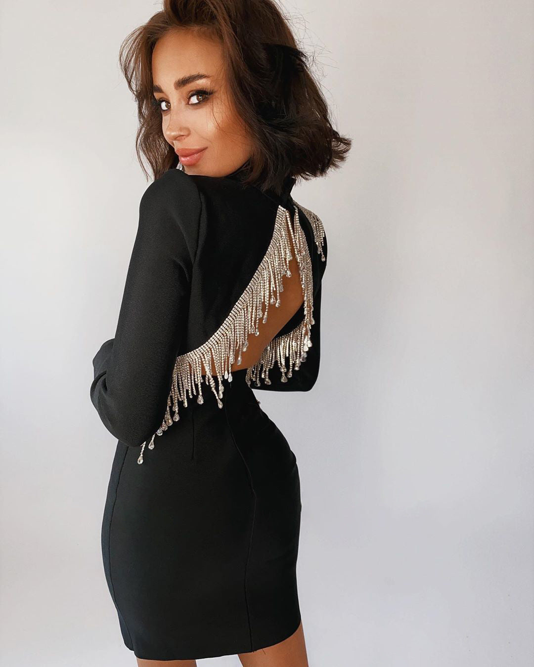 Long Sleeve Backless Diamond Tassel Sexy Women Dress