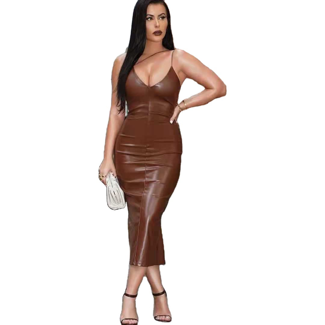 Fall Clothing Brown Midi Leather Dresses Women Tight Club Sexy Pencil Dress