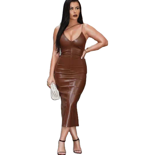 Fall Clothing Brown Midi Leather Dresses Women Tight Club Sexy Pencil Dress