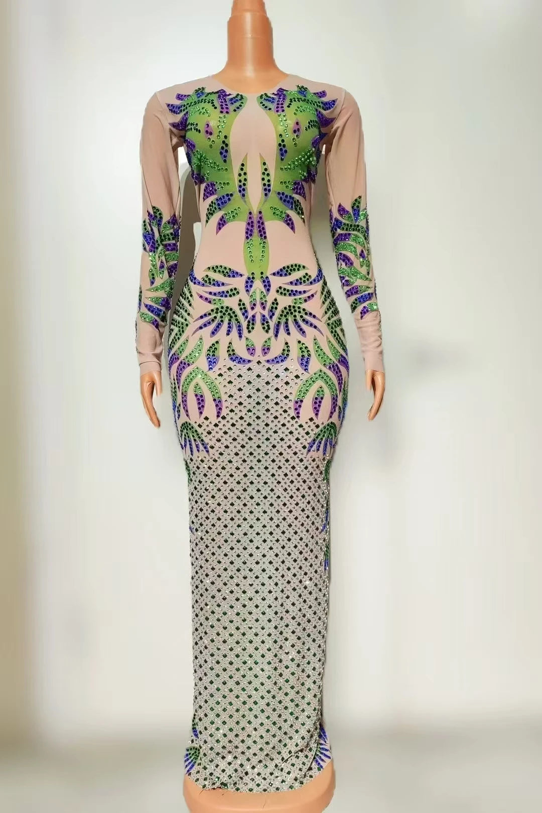 Long Sleeve Mesh Crystal Long Dress