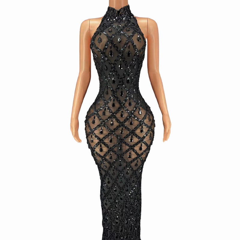 Sparkling Black Diamond Sequin Mesh Backless  Dress