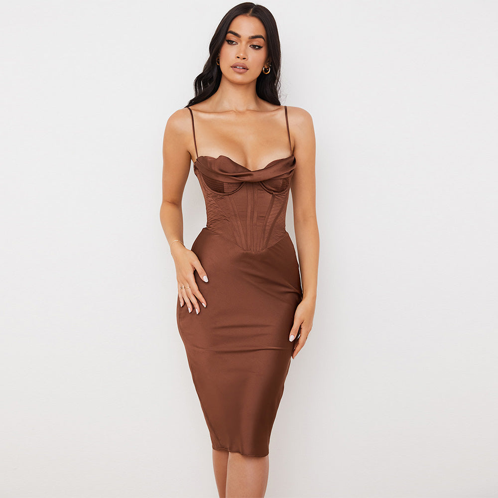 Solid Sexy Party Women Corset Midi Satin Elegant Casual Dress