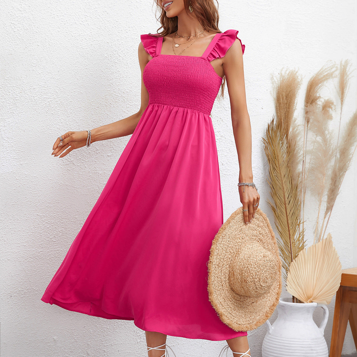 Sexy Sleeveless Pleated Midi Dress Women Casual Rose Red Square Collar Dresses