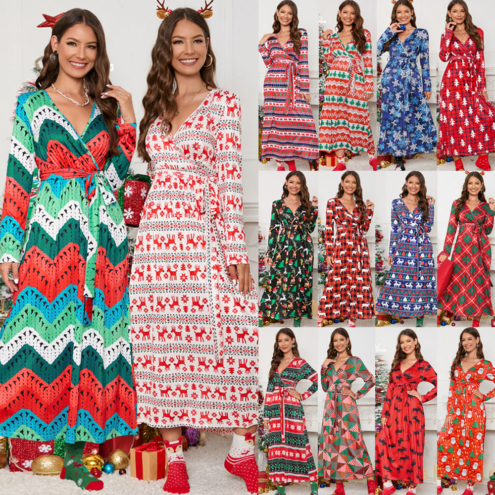 Christmas Print Party Dresses Cute Holiday v Neck Women Fall Elegant Dress