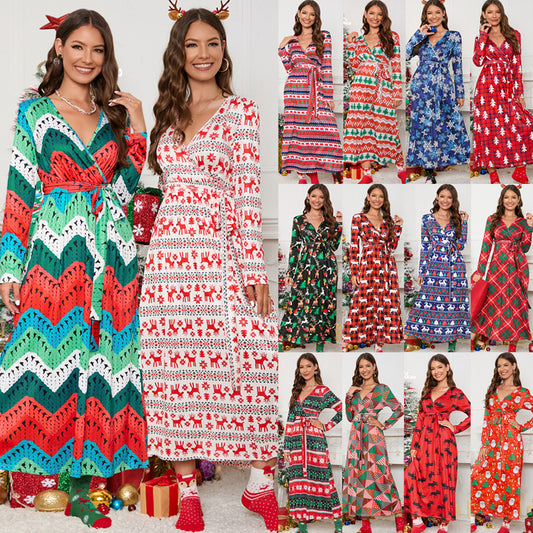 Christmas Print Party Dresses Cute Holiday v Neck Women Fall Elegant Dress