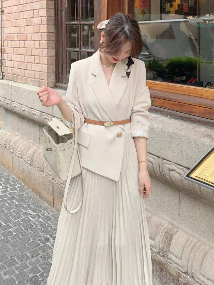 Elegant Blazer Dress V-Neck Slim Design Pleated Dress Ladies Office Dress