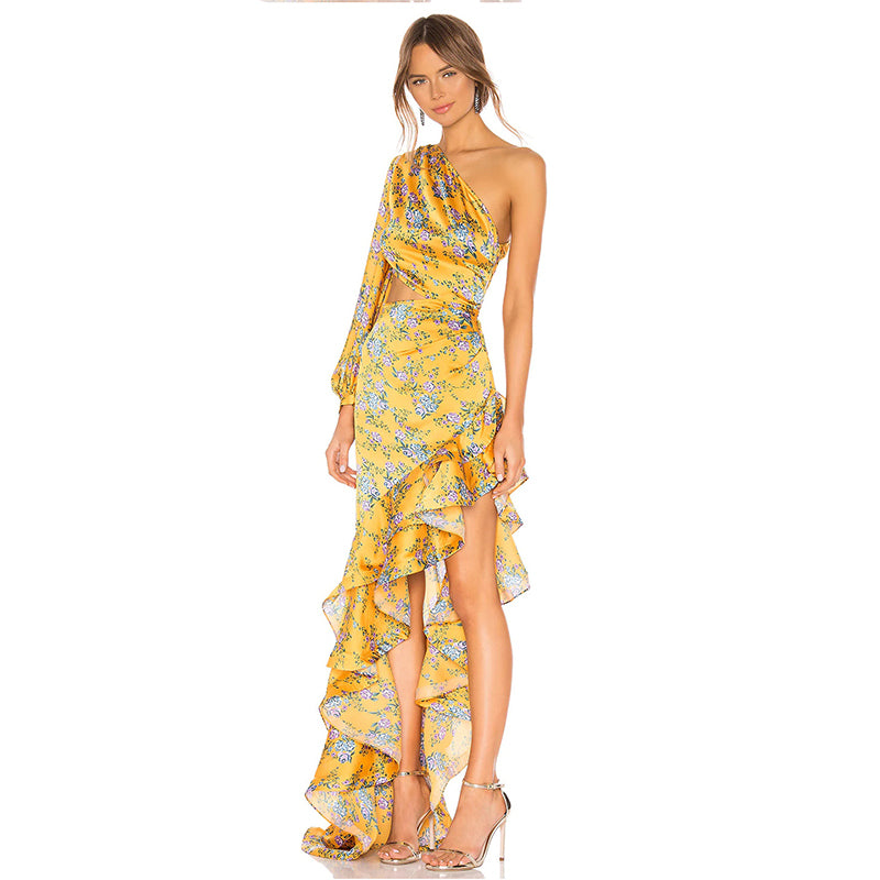 One Shoulder Long Sleeve Women Casual Dress Bohemian Maxi Dresses