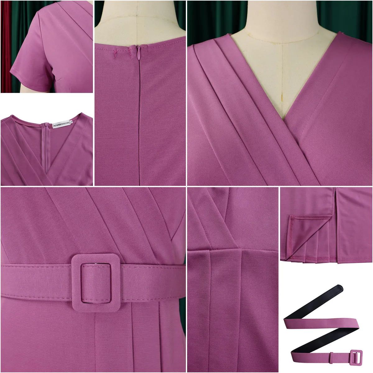 Latest Summer Ladies Short Sleeve V-Neck Waist Wrap Pencil Dresse Casual Dress