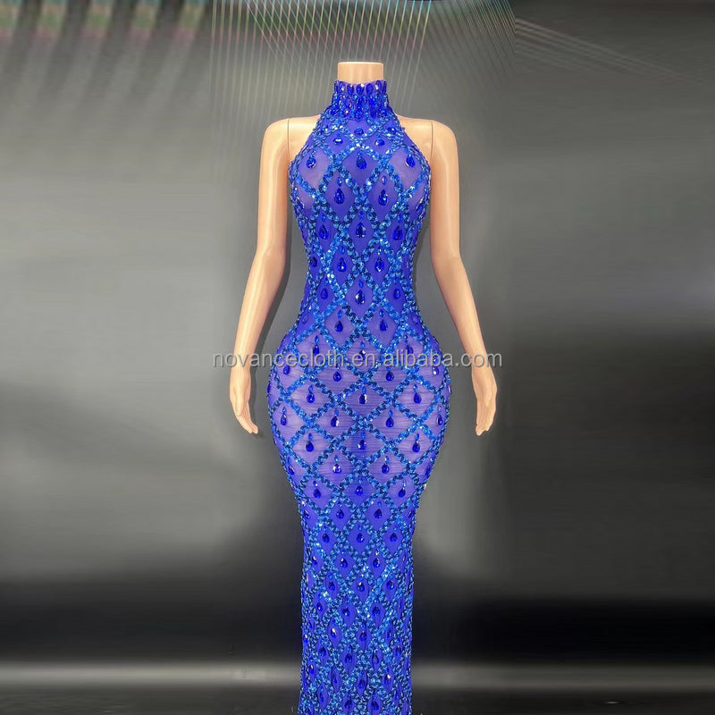 Sparkling Black Diamond Sequin Mesh Backless  Dress