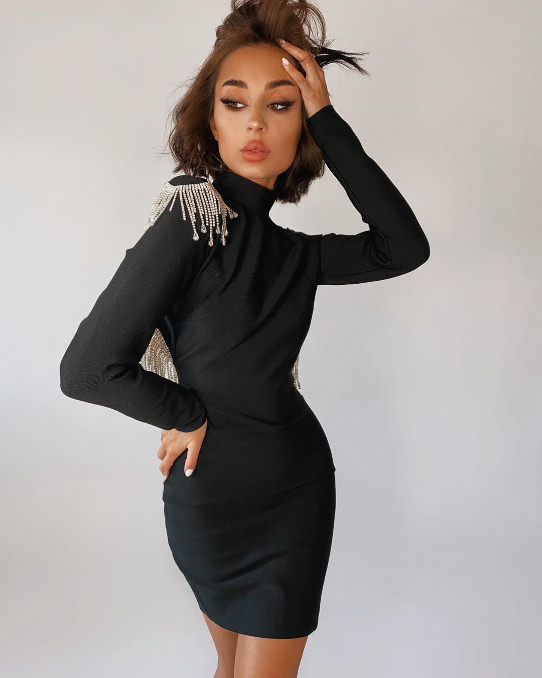 Long Sleeve Backless Diamond Tassel Sexy Women Dress