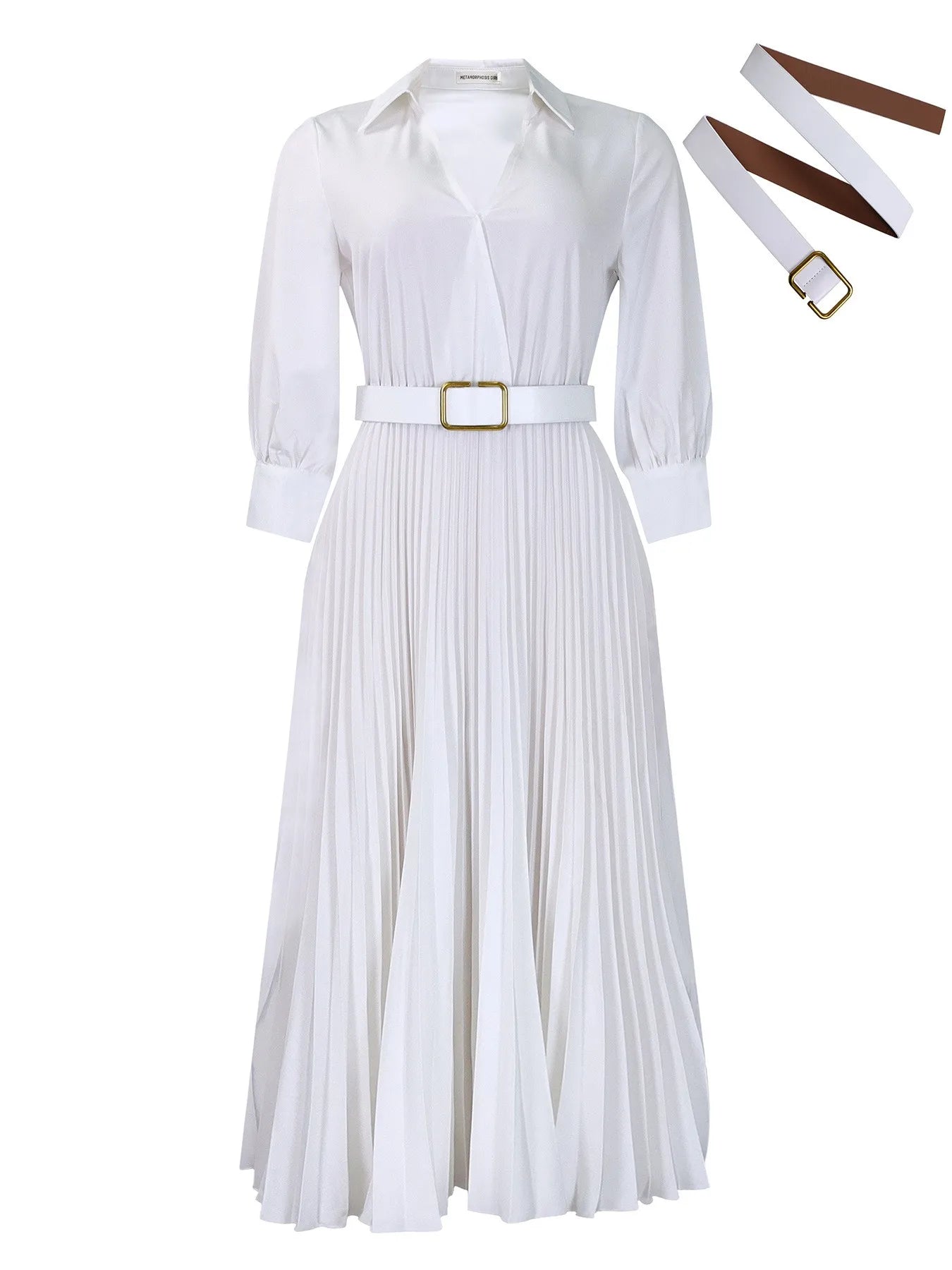 Women Elegant Long Sleeve V-Neck Pleated Office Dress Casual Dresses With Belt
