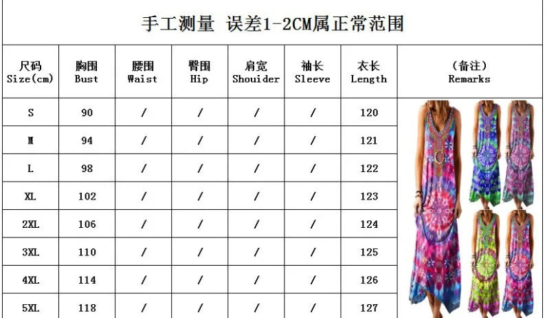 Vintage Tie-Dye Floral Long Maxi Dress Bohemian Style Beach Casual Dress