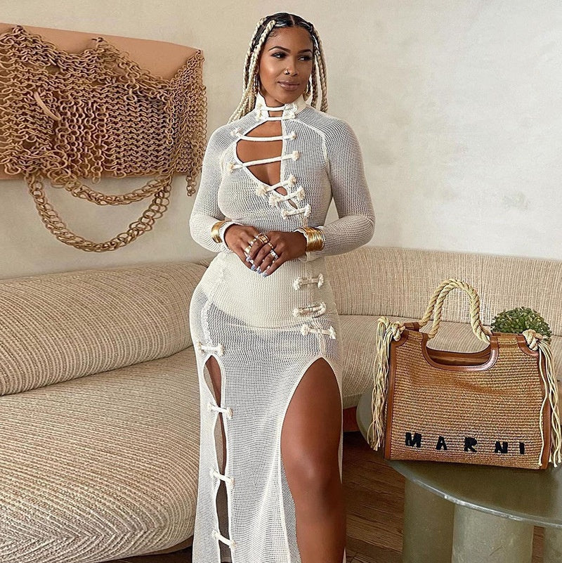 Solid Mesh Hollow Elegant Casual Long Sleeve Sexy Dresses Women Party Dress