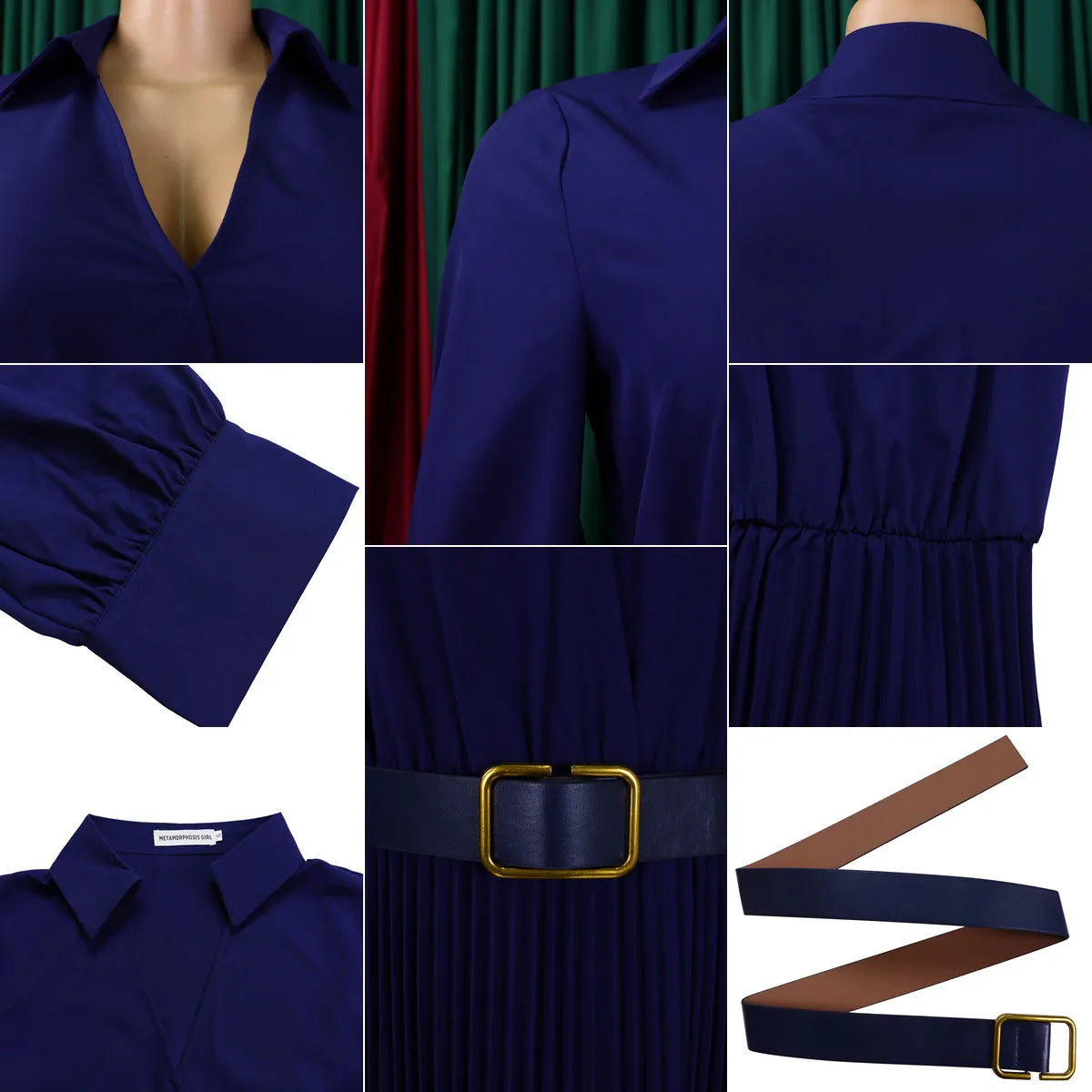 Women Elegant Long Sleeve V-Neck Pleated Office Dress Casual Dresses With Belt