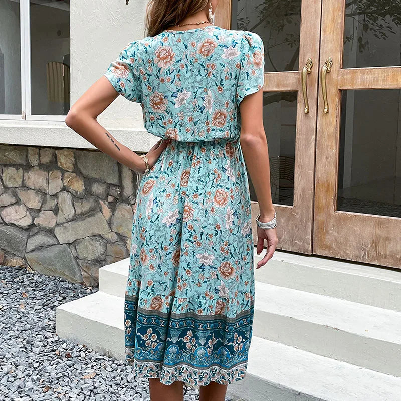 Summer Women Casual Floral Print Loose Dresses Midi Beach Bohemian Dresses