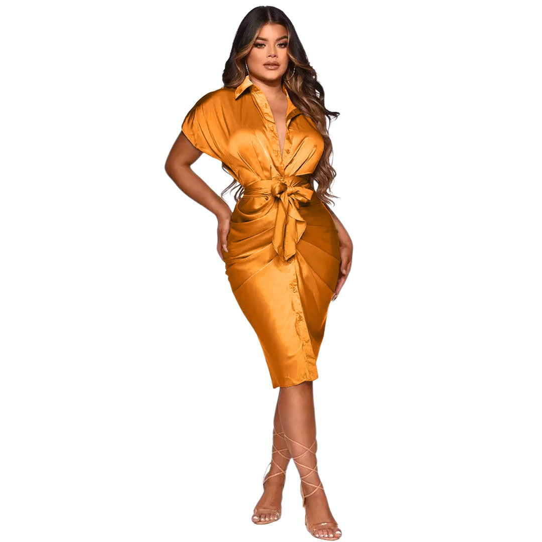 Sexy Ladies Dresses Reflective Silk Pleated Straps Shirt Dress