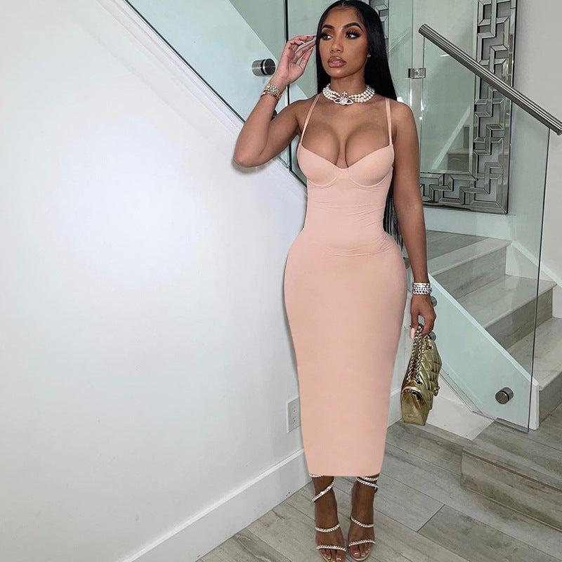 Summer Women Fashion Bodycon Dress Pink Spaghetti Strap Casual Dress