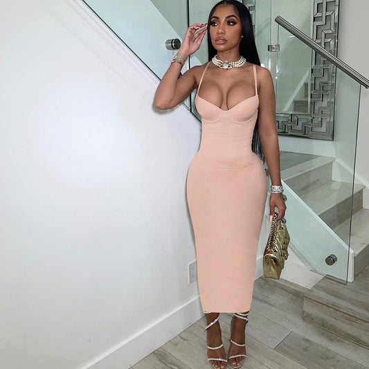 Summer Women Fashion Bodycon Dress Pink Spaghetti Strap Casual Dress