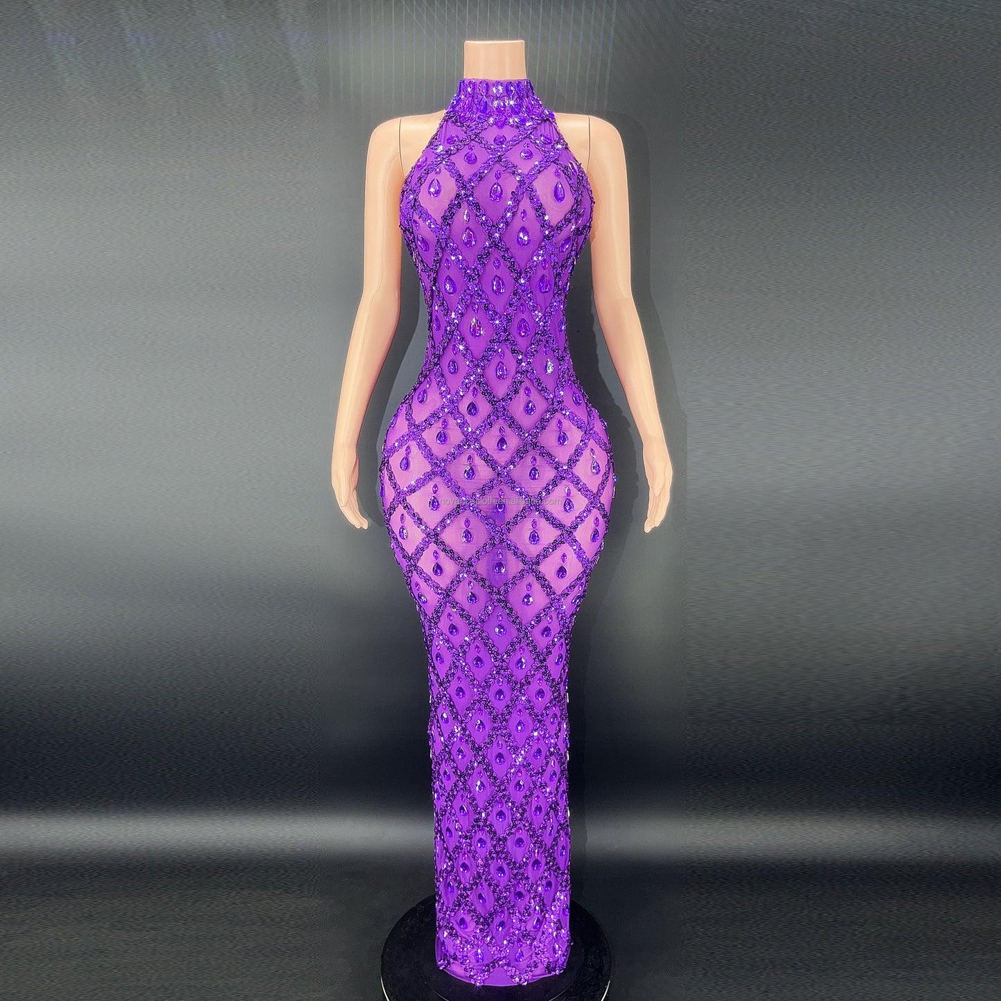 Sparkling Black Diamond Sequin Mesh Backless  Dress