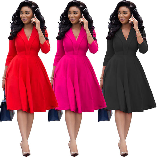 Women Deep v Neck Pleated Long Sleeve Women Dresses Elegant Office Clothing