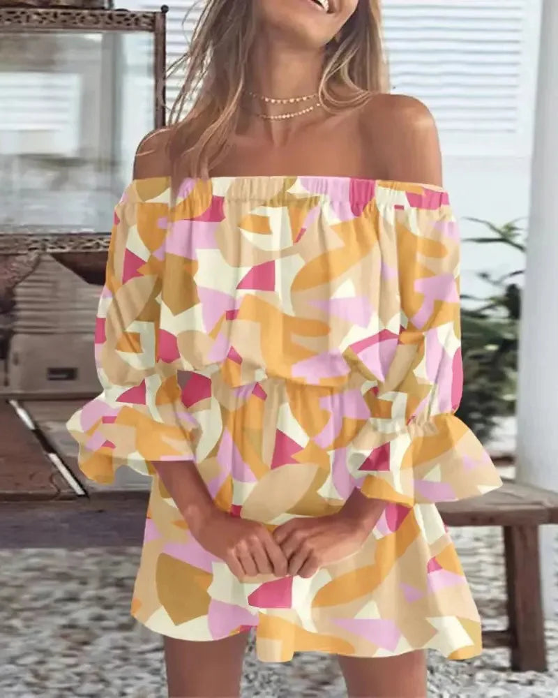 Sexy Off Shoulder Floral Print Flare Sleeve Tunic Dress