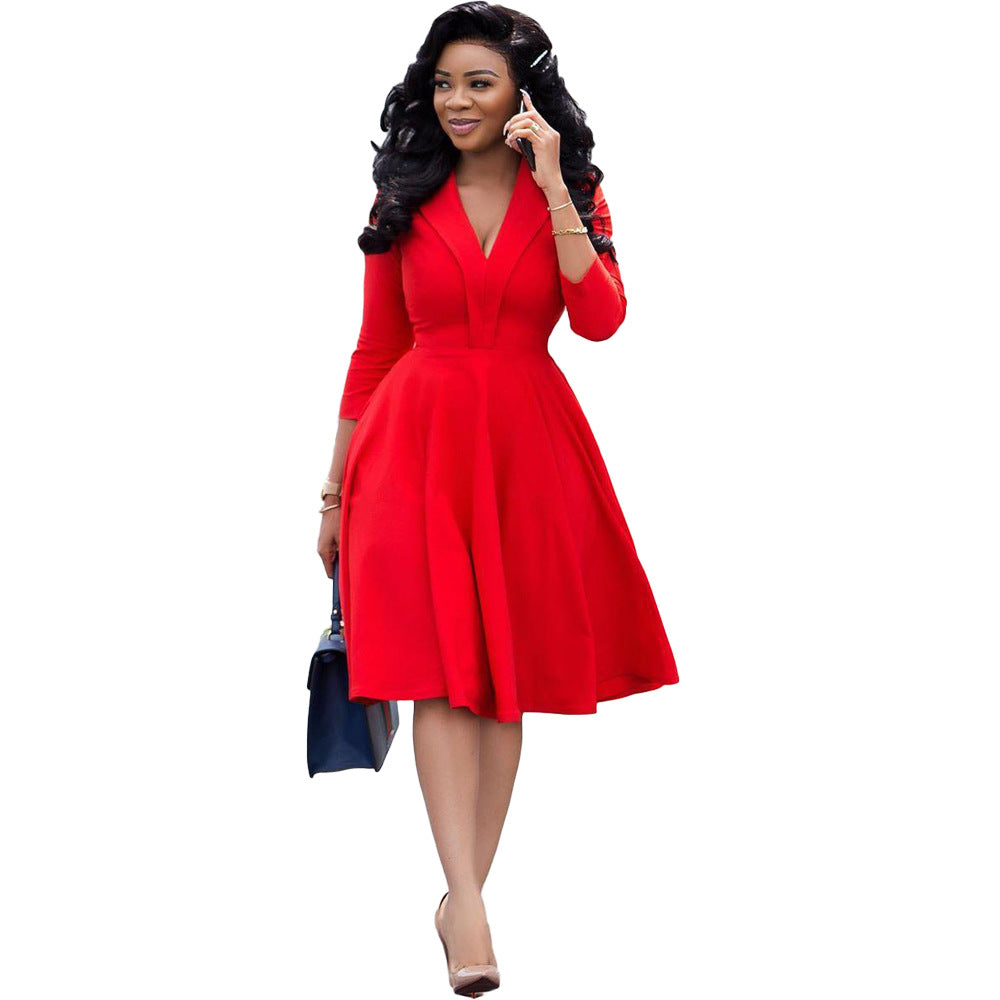 Women Deep v Neck Pleated Long Sleeve Women Dresses Elegant Office Clothing