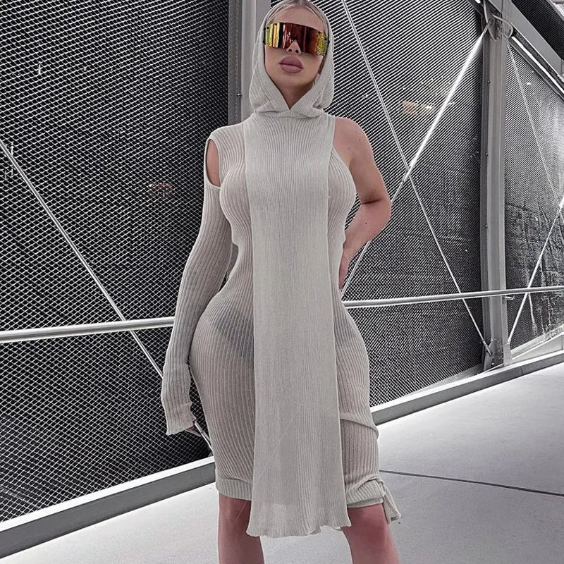 Long Sleeve Dress One Shoulder Casual Hooded Dresses Women
