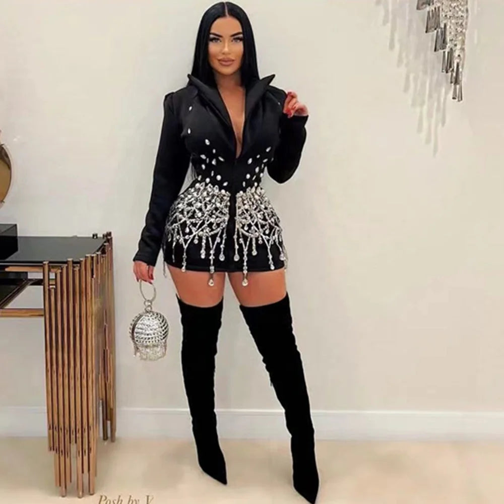 Ladies Elegant Jacket Blazer Dress Diamond Long Sleeve Short Womens Blazer Dress