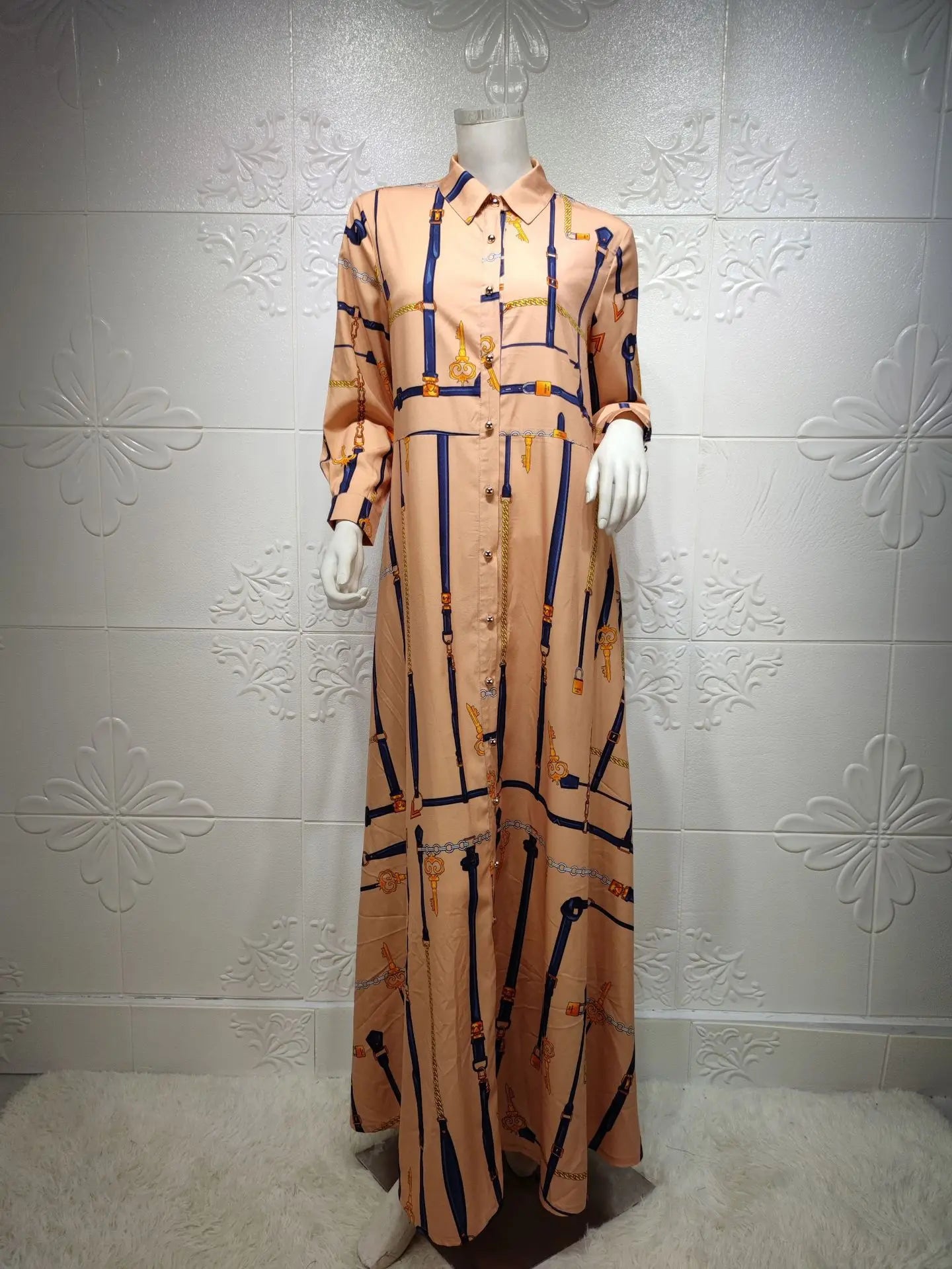 Middle East Multicolor Chain Printed Muslim Shirt Dress Elegant Casual Dress