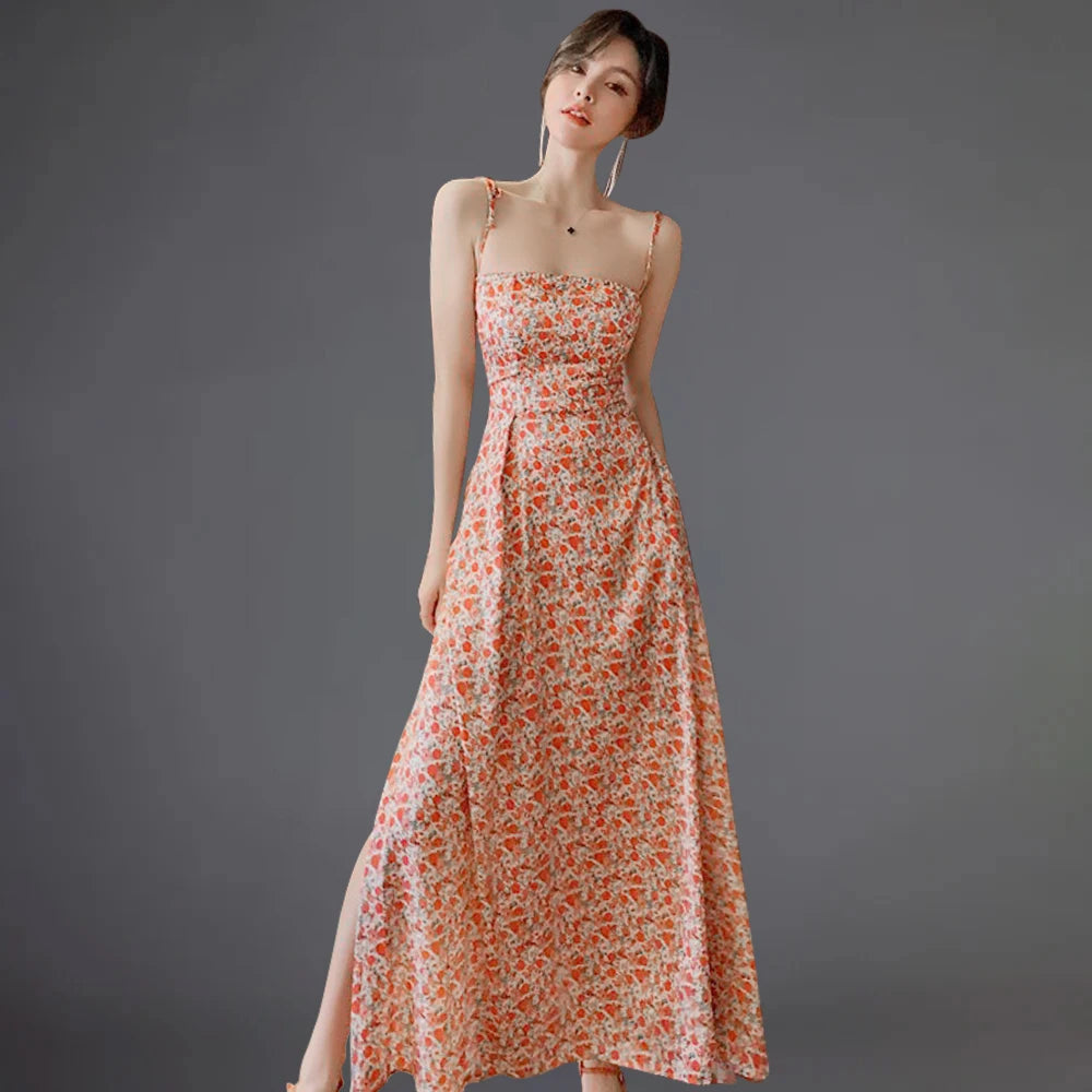 Women Floral Maxi Dress Backless Beach Dress Sexy Casual Long Printed Dress