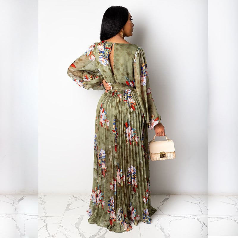 Long Sleeve Maxi Women Casual Deep v Neck Floral Print Maxi Summer Dresses