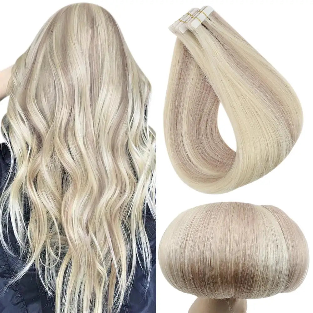 Full Shine Virgin Hand Tied Tape In Adhesives Human Hair Extensions PU Skin Weft Blonde Color Invisible Seamless Injection