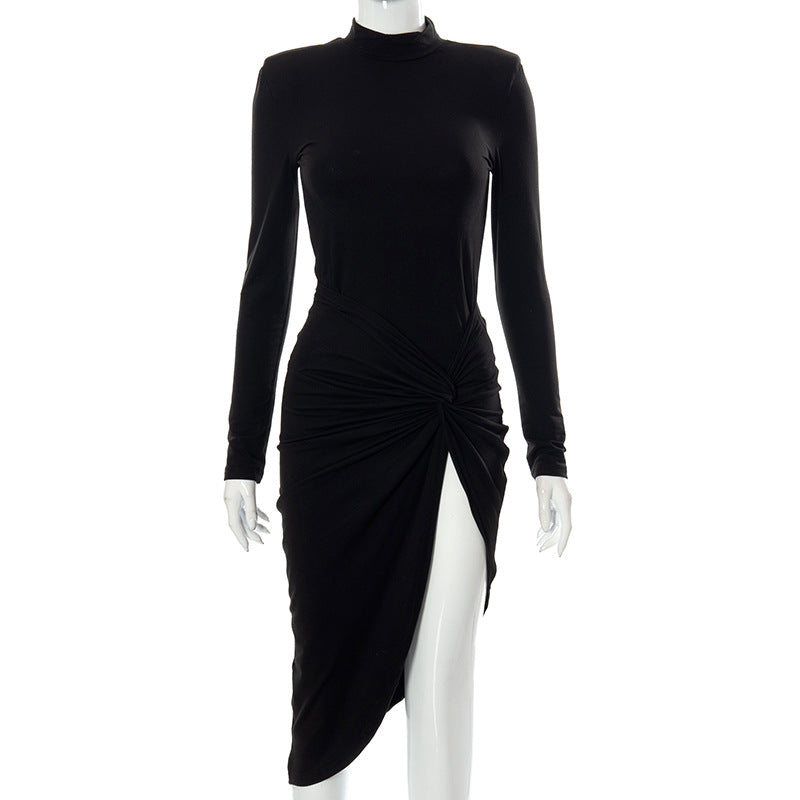 O Neck Long Sleeve Dress Elegant Women Split Dress
