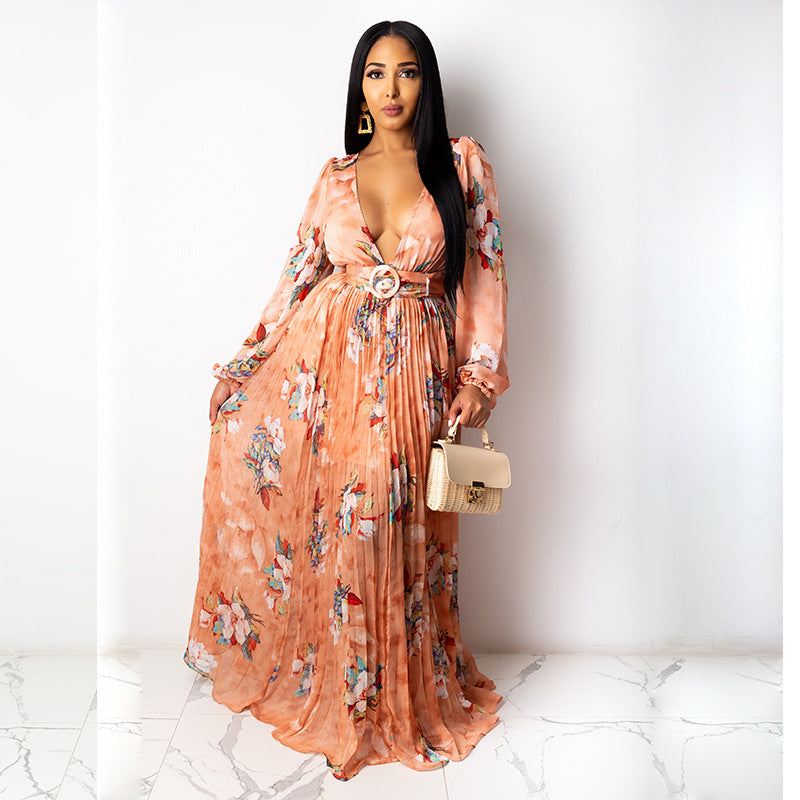 Long Sleeve Maxi Women Casual Deep v Neck Floral Print Maxi Summer Dresses