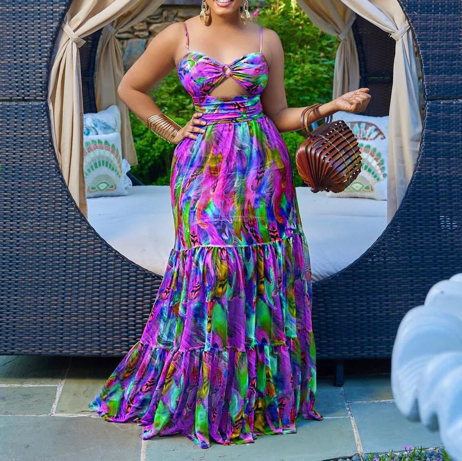 Africa Plus Size Maxi Dress Women Summer Beach Print Sundress Strap Sexy Dress