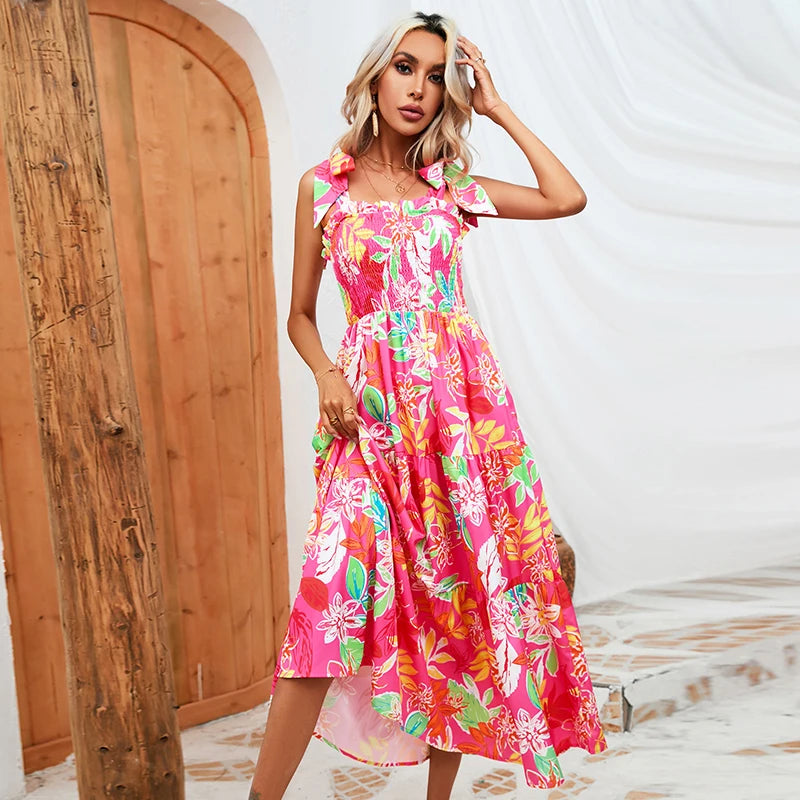 Summer Leaves Print Elastic Chest Dress Woman Elegant Sleeveless Strap Dress