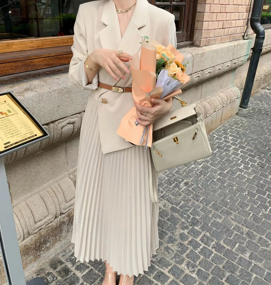 Elegant Blazer Dress V-Neck Slim Design Pleated Dress Ladies Office Dress