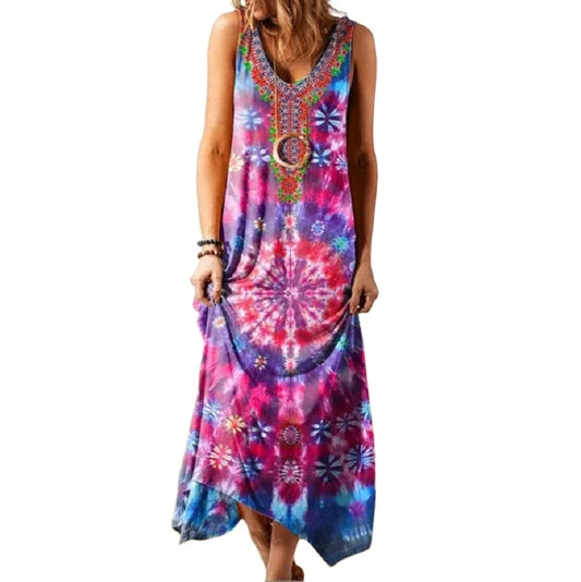 Vintage Tie-Dye Floral Long Maxi Dress Bohemian Style Beach Casual Dress