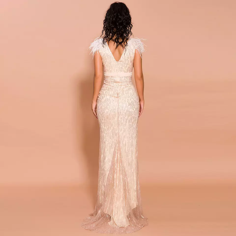 Feather Slit Shiny High Elegant Women Evening Dress