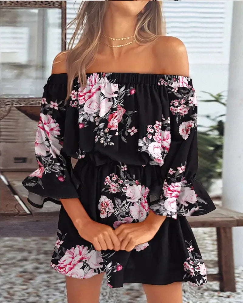 Sexy Off Shoulder Floral Print Flare Sleeve Tunic Dress