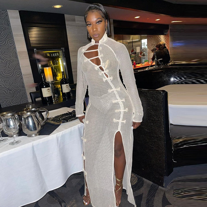 Solid Mesh Hollow Elegant Casual Long Sleeve Sexy Dresses Women Party Dress