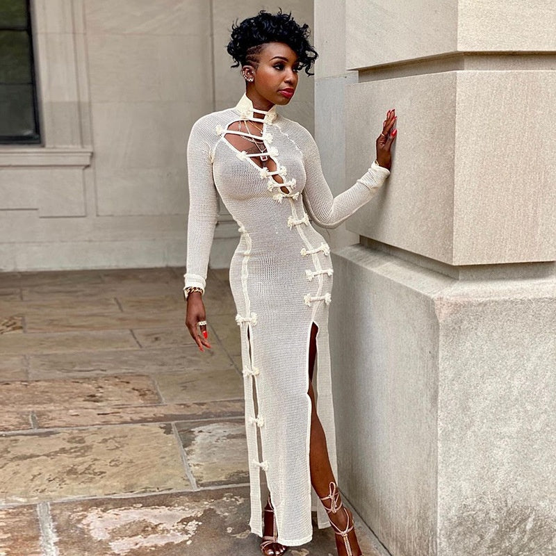 Solid Mesh Hollow Elegant Casual Long Sleeve Sexy Dresses Women Party Dress