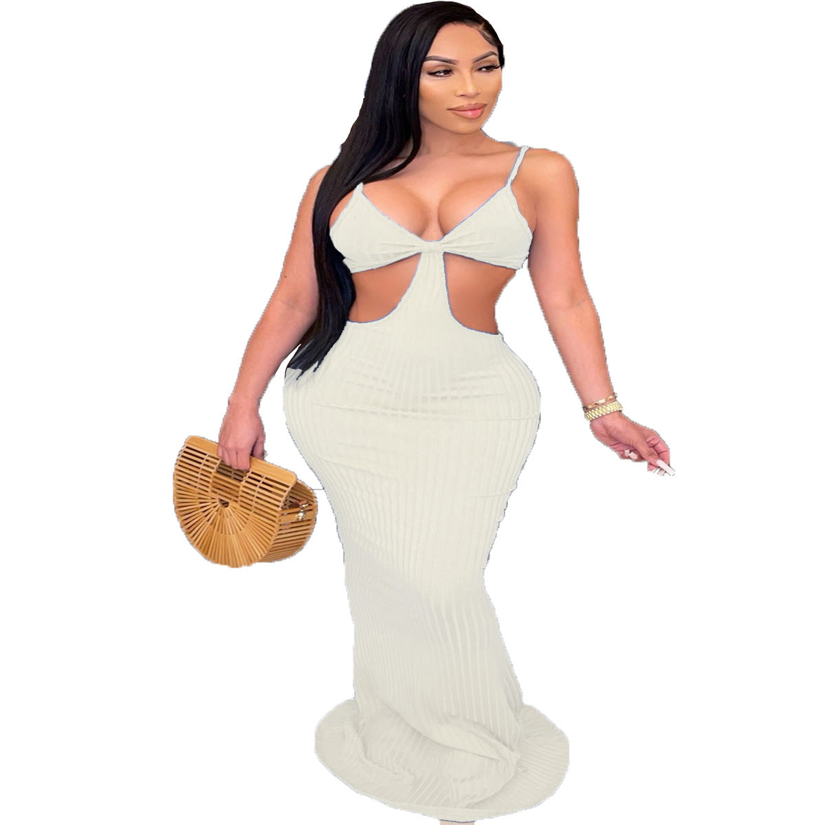 Summer Club Wear Hollow Out Rib Knit Dress Long Elegant Dress