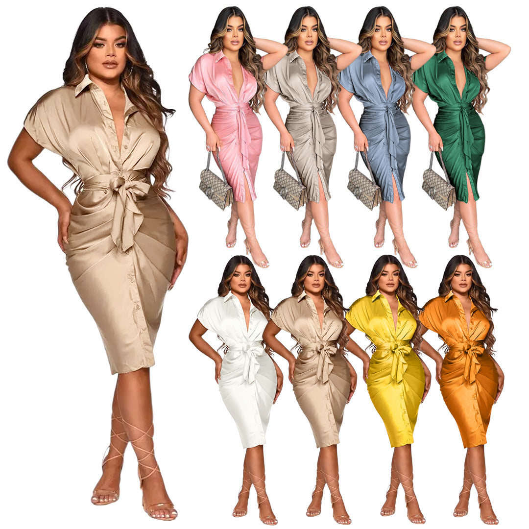 Sexy Ladies Dresses Reflective Silk Pleated Straps Shirt Dress