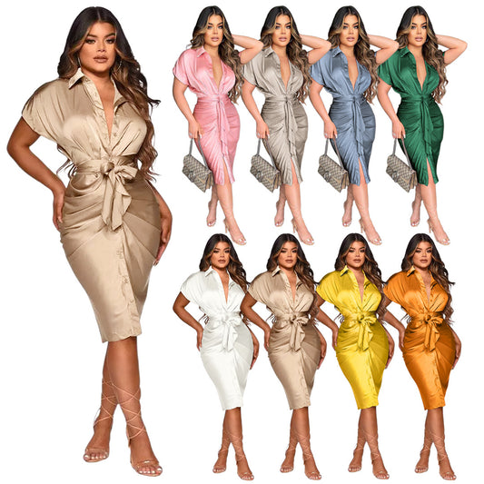 Sexy Ladies Dresses Reflective Silk Pleated Straps Shirt Dress