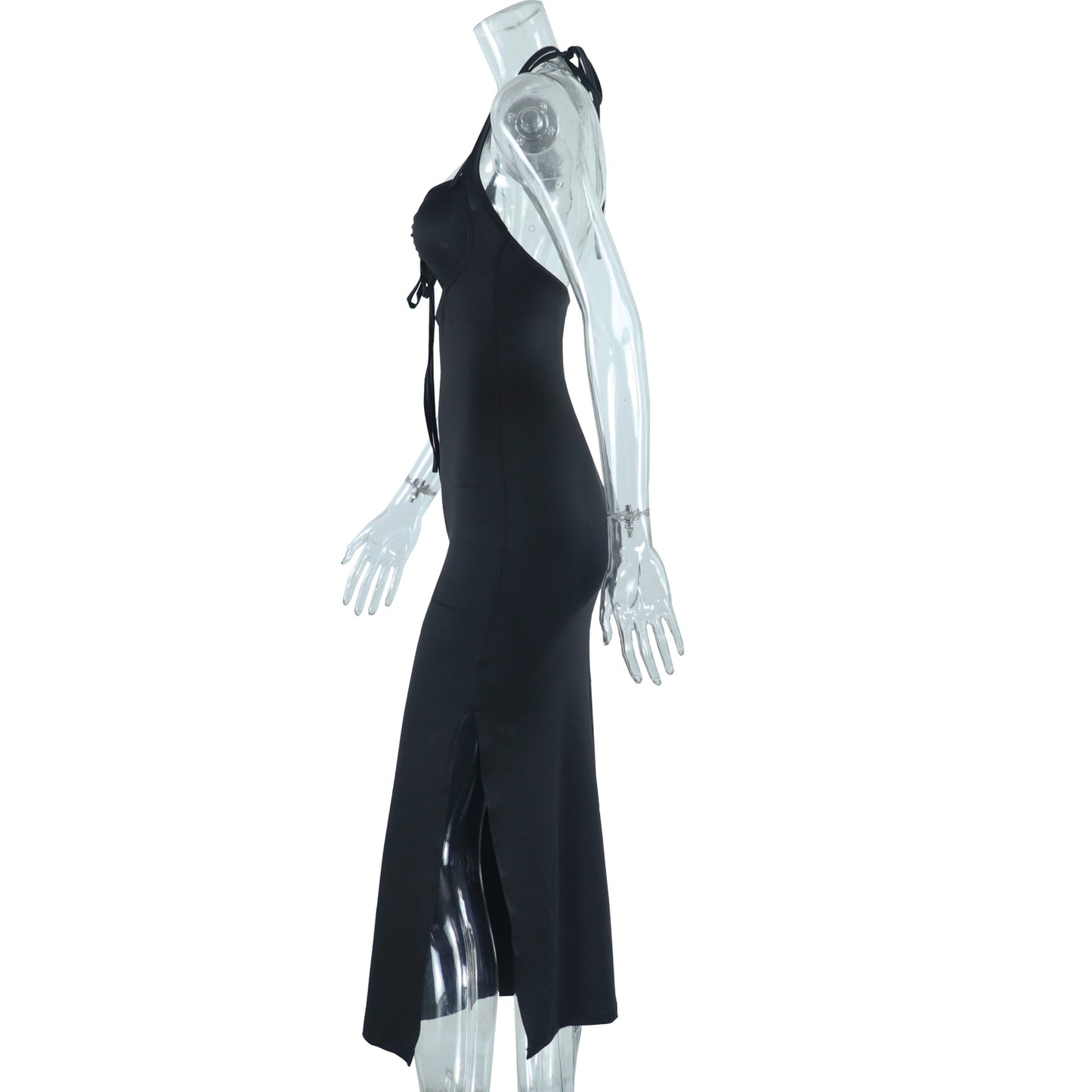 Backless Sexy Dress Solid Black Strap Trendy Women Dress Slit Halter Dress
