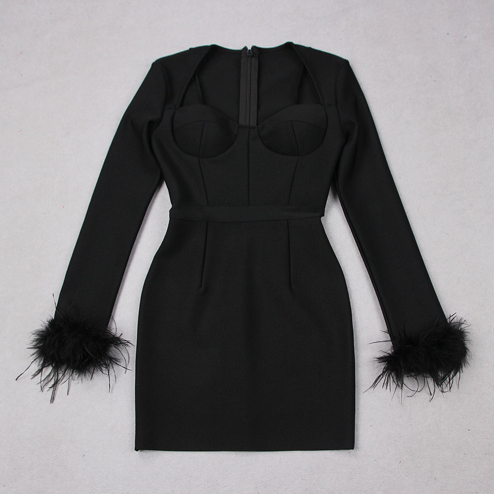 Square Neck Mini Dress Ladies Feather Bandage Dresses for Women