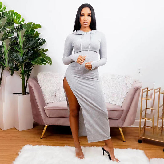 Maxi Styles Casual Full Sleeves Hooded Long High Slit Dress
