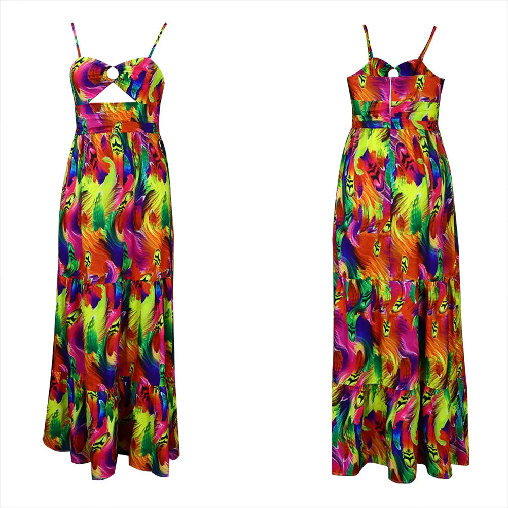 Africa Plus Size Maxi Dress Women Summer Beach Print Sundress Strap Sexy Dress